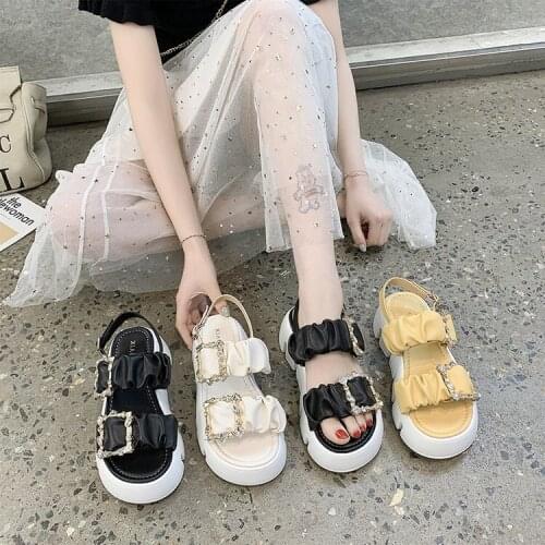 Womens Sandals 2021 Summer New Outdoor Platform Thick Bottom Word Metal Suqare Buckle Rhinestone Silippers