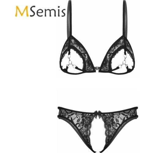Womens See Through Lace Adjustable Straps Bra Top with Metal Rings Link Floral Lace Hollow Out Low Waist Crotchless Briefs