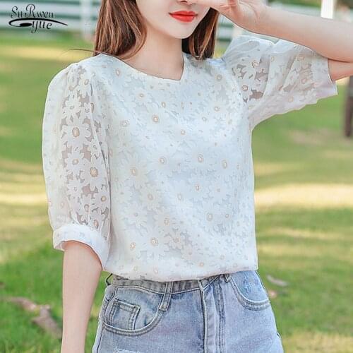 2021 Summer Korean Floral Blouse Women Office Lady Short Sleeve Polka Dot White Shirt Women O Neck Pullover Ladies Tops 9616