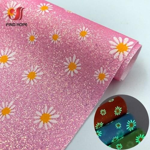 A4 20*30CM Glow in the dark Daisy Floral Printed Fine Glitter Faux Leather Sewing Fabric Sparkle DIY Craft Brooch Bows Earring