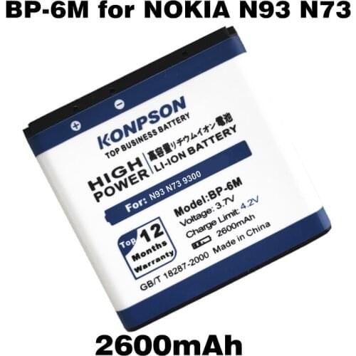 2600mAh BP-6M BP6M BP 6M Mobile phone Battery for NOKIA N93 N73 9300 6233 6280 6282 3250 6151 6234 6288 9300i N77 N93S