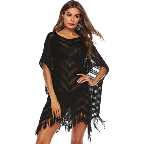 Black Crochet Bikini Cover Up with Fringe Trim Women Sexy Hollow Tunic Beach Dress New Knitting Summer Bathing Suit Beachwear