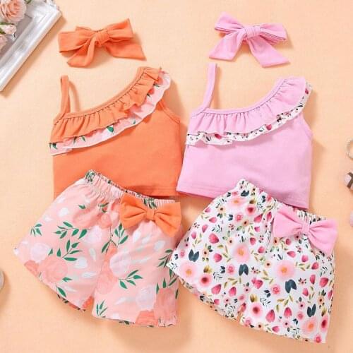 Toddler Baby Girl Clothes Ruffles Tops+Floral Shorts+Headbands 3pcs Casual Children Set Summer Girls Clothing 1 2 3 4 Years