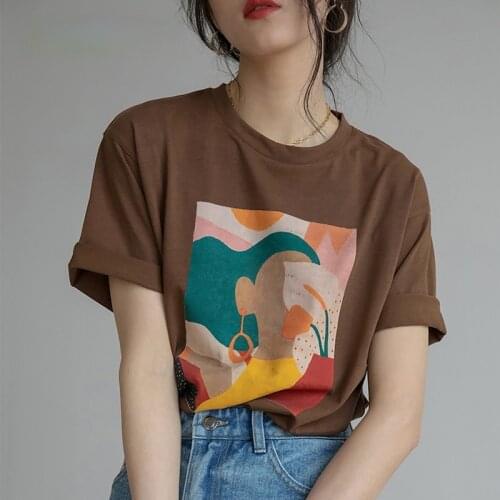 Aesthetic Printed T Shirts Women 2021 New Soft Vintage Loose Tees Abstract Graphic Cotton Tshirts Summer Casual Tops