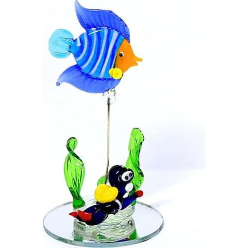 Glass water grass Fish Figurine Ornament hand made art miniature diver and round mirror creative collocation Aquarium decoration