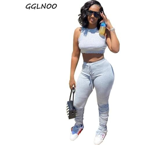 GGLNOO Tracksuits Sleeveless Crop T-Shirt & Skinny Stacked Leggings Pants Suit Fitness Outfits Matching Two Pieces Set GG22854