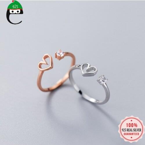 ElfoPlataSi 100% 925 Solid Sterling Silver Hollow Heart With CZ Opening Ring Sizable 5 6 7 For Teen Girl Kid Xmas Gift XY1032