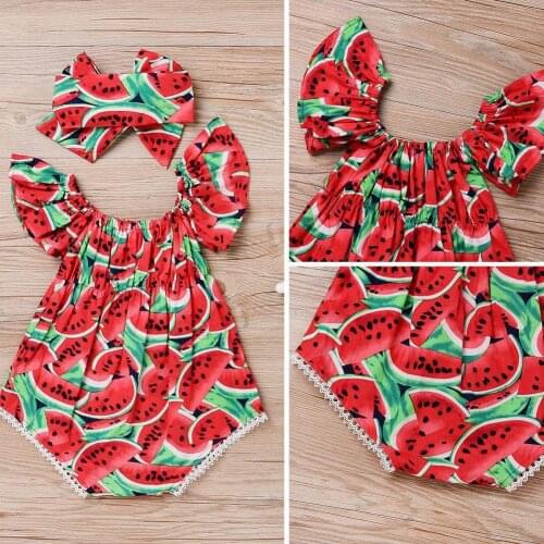 Baby Girl Bodysuit Watermelon Ruffle Shoulder Sleeveless Romper Hairband Outfits
