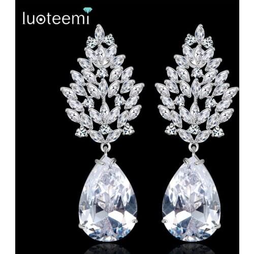 LUOTEEMI Wholesale Luxury Large Earrings Female Wedding Jewelry Bridal Big Heavy CZ Chandelier Earrings for Women