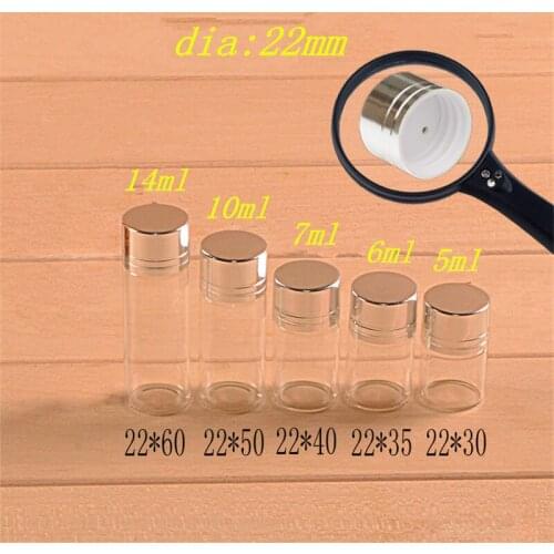 25pcs 5ml 6ml 7ml 10ml 14ml Small Glass Bottles With Silver Color Plastic Screw Cap DIY Wishing Bottles 5 Kinds of Size