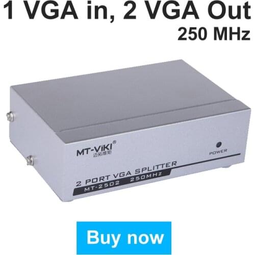 MT-VIKI 2 Port VGA Video Splitter Distributor 250Mhz 1 input 2 Output 1 Computer 2 Monitors High Resolution 1920*1440 MT-2502