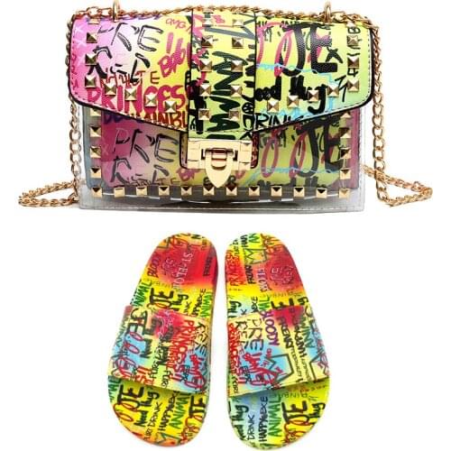 New Summer Female Sexy Color Graffiti Snake Bag Large Capacity Shoulder Causal Chain Bags Fashion Womens Graffiti Slippers Set