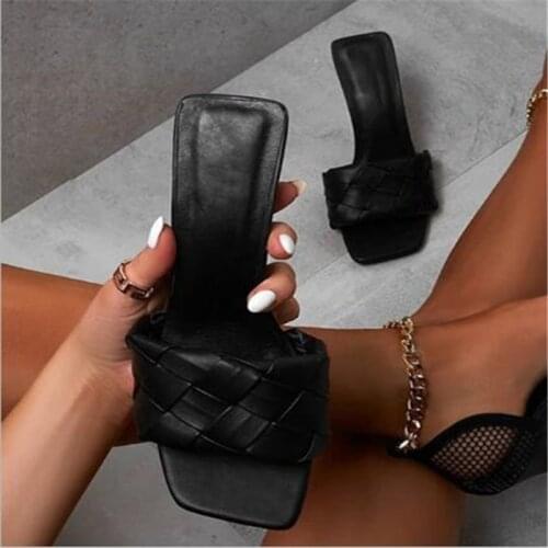 Newest Popular Weave Gingham Solid PU Leather Open Toe Outdoor Womens Slippers Stiletto Lady Shoes Sandals Size 35-42