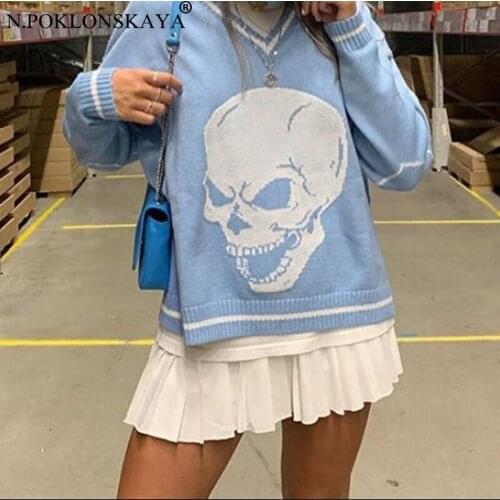 Autumn Sweater Skull Pattern V Neck Knitted Tops Women Long Sleeve Preppy Style Pullovers Female Casual Loose Winter Sweater