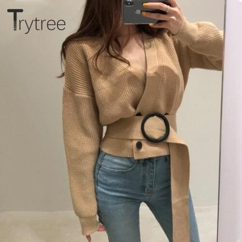 Trytree Autumn Woman Casual Sweater Solid Cardigan Women V-neck Belt Double Breasted Office Lady Sweater Knitted Short Coat Top