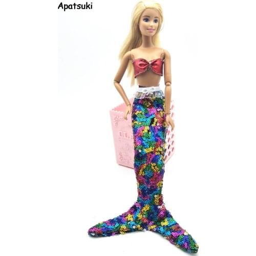 Colorful Sequin Mermaid Doll Dress For Barbie Doll Clothes Evening Dresses Party Gown Red Bra & Fishtail Skirt For 1/6 BJD Doll