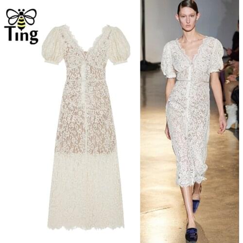 Tingfly Runway Vogue Vintage Elegant Crystal Button Lace Bodycon Party Midi Dresses Summer V neck Sexy Lace Dress Elbise Frocks