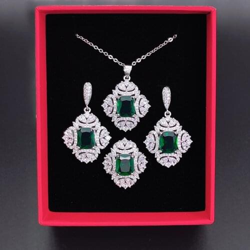 Factory Direct Sales Dubai Style Green Square Zircon Silver 925 Jewelry Stud Earrings Adjustable Ring Necklace Bridal Jewelry
