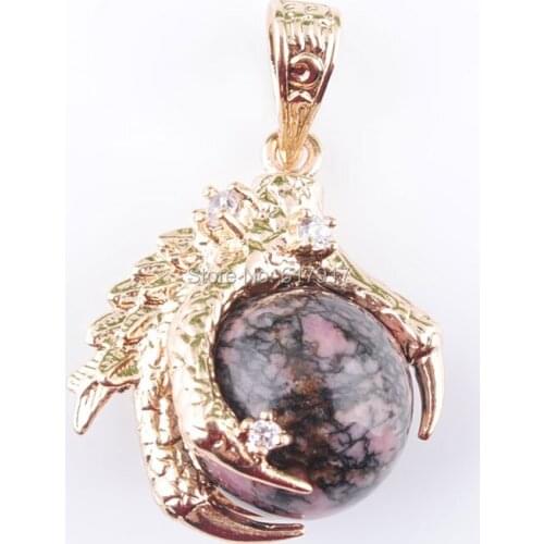 RONGZUAN Natural Stone Pendulum Pendant Rhodochrosite Round Ball Bead Dragon Claw Reiki Chakra Necklace 18" Chain Jewelry TN3096