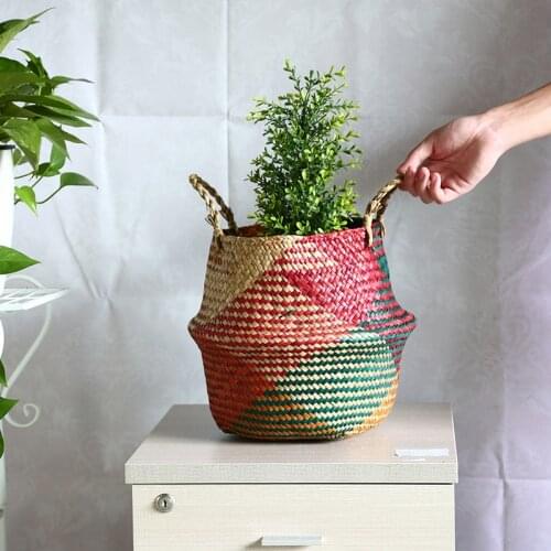 Manual Woven Seagrass Storage Basket Foldable Laundry Basket Garden Flower Pot Home Decor Natural Rattan Dirty Clothes Container