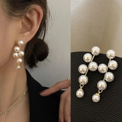 New Retro Imitation Pearls Drop Earrings For Women Vintage Long Dangle Elegant Geometric Gold Color Earrings Jewelry Accessories