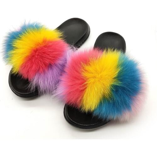 New Arrival Fur Slides Womens Fashion Vertical Striped Fox Fur Slippers Home Casual Furry Sandals Non-slip Female Shoes