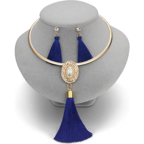Fashion Women Tassel Jewelry Boho Pearl Chocker Necklace Crystal Drop Earrings Wedding Jewelry Set Tassel Necklace Earrings