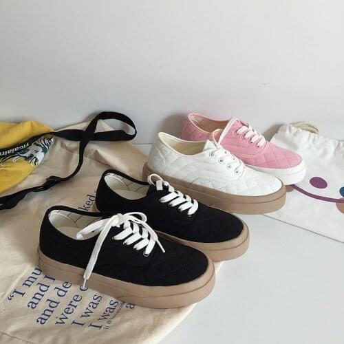 New Arrival Womens Thick Soled Canvas Shoes Diamond Pattern Sewing Thread Solid Girls Casual Shoes Retro Low Cut Ladys Shoes