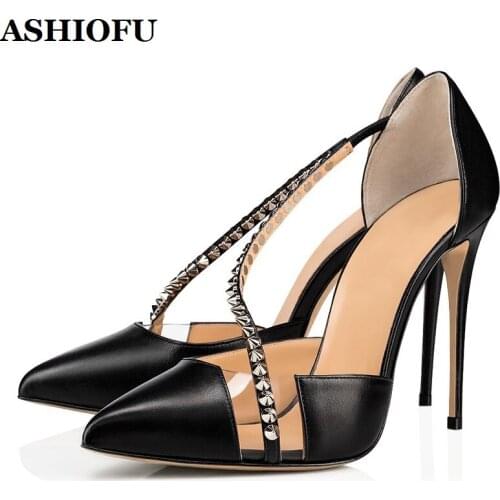 ASHIOFU Handmade New Womens High Heel Pumps Rivets Spikes Sexy Classic Party Dress Shoes Pointed-toe Plus Size Evening Pumps
