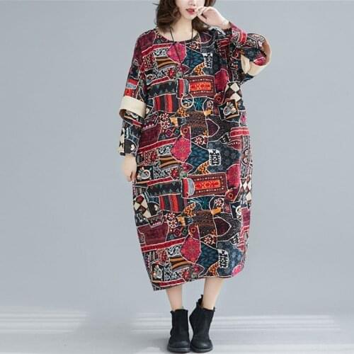 Oversized Women Cotton Linen Casual Dress New Arrival 2021 Spring Arts Style Vintage Print Loose Female Long Dresses S3486