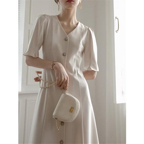 Summer Office Elegant French Style Dress 2021 Solid Color Short Sleeve Midi Dress A-Line Female Clothes Vestidos
