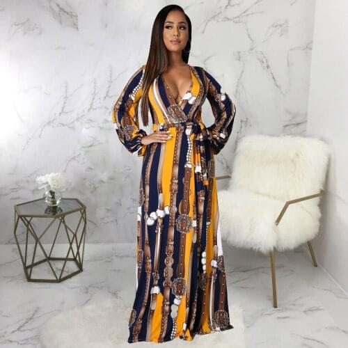 2021 Autumn Women Maxi Dress V-Neck Ful LSleeve Print Night Club Party Beach Sexy Elegant Street Dresses Vestidos