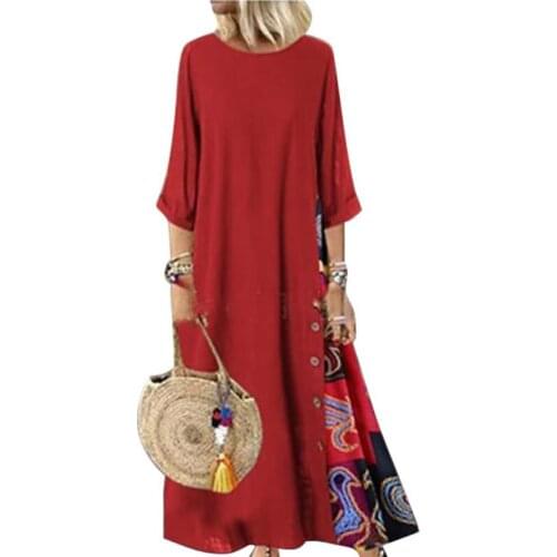 2021 Plus Size Sexy Women Dress Summer Vintage O Neck 3/4 Sleeve Side Buttons Printed Loose Long Dress Lady Dresses M-5XL