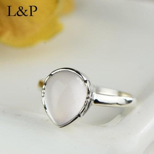 L&P Vintage Real Silver Waterdrop Rose Quartz Rings For Women Elegant Fashion Natural Stone Ring Fine Jewelry Girls Ladies Gift