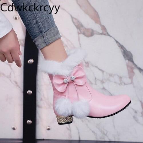 Winter The New fashion Round head Thick heel Martin boots Pink princess sweet Plus velvet Keep warm High heel Women boots 34-43