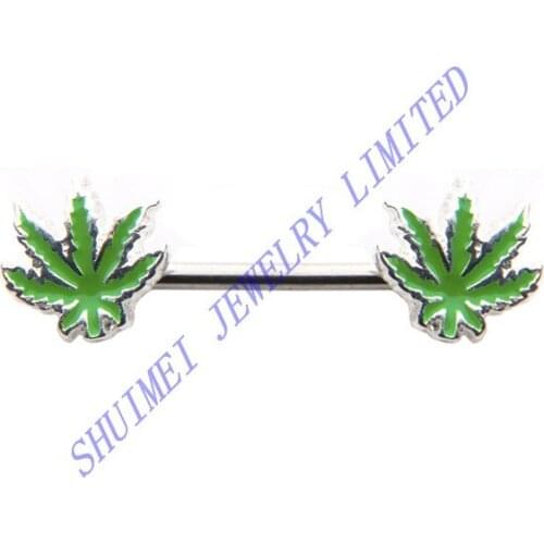 50Pcs Green Pot Leaf Weed 316L Stainless Steel Nipple Shield Ring Cover Barbell Piercing Jewelry Body Free Shipping