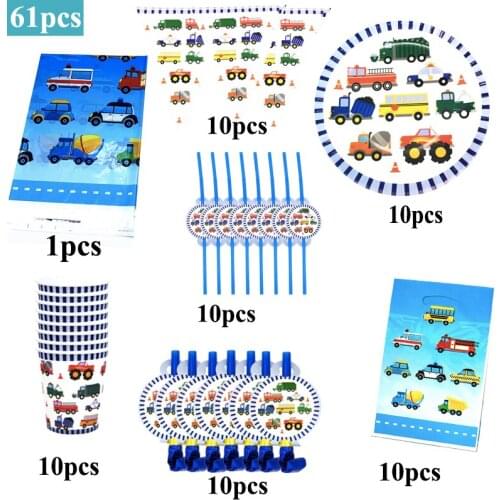 61Pcs Cartoon Theme Kids Birthday Party Decorations Boys Car Disposable Tablecloths Cups Blowouts Plates Straws Baby Shower