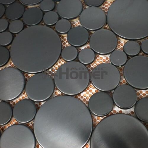Free shipping, big and small round black drawbench stainless steel mosaic tile black color metal wall tiles HME8023