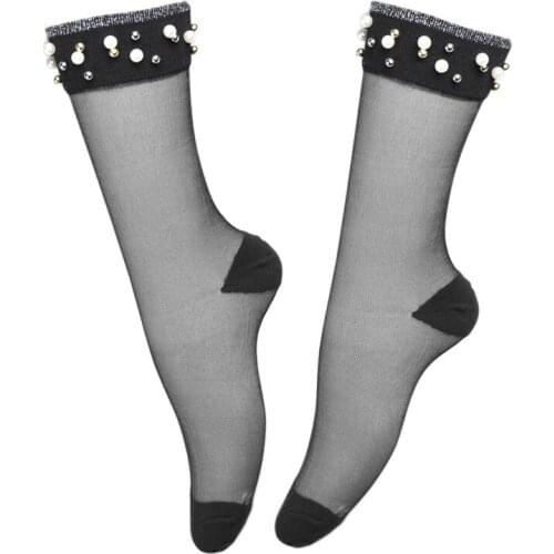 Glitter Beaded Socks Women Summer Fashion Streetwear Shinny Long Sock Elastic Breathable Thin Mesh Socks Transparent Medias