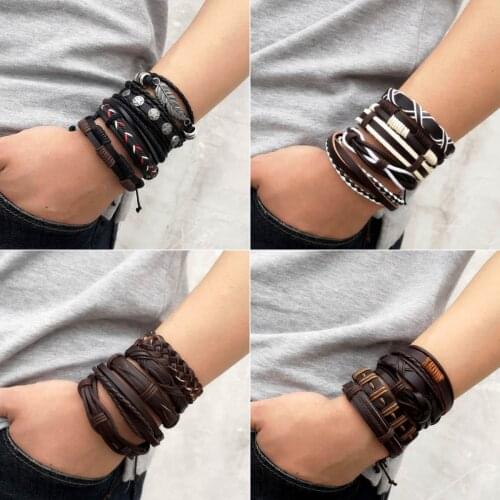 New Retro Multi-layer Leather Woven Mens Bracelet Star Leaf Owl Hand Rope Wrapped Bracelet Fashion Multi-layer Mens Bracelet