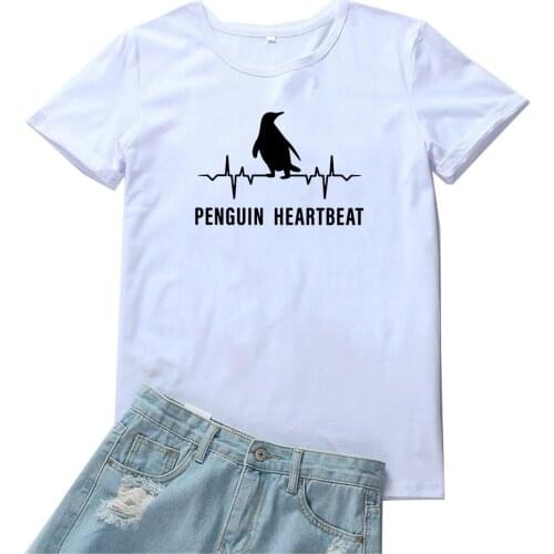 Penguin Heartbeat T-shirt Women Cute Print Graphic Tees Cotton Tshirt Women Kawaii Cartoon Animal Women T Shirt Casual Tops