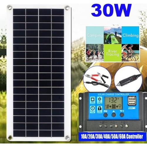 30W Solar Panel Kit 12V/5VDual USB Solar Cell Poly Solar Board with 10/20/30/40/50/60A Controller Outdroor Battery Power Charger