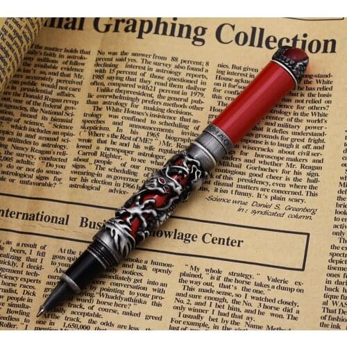 New Jinhao Dragon King Vintage Rollerball Pen, Unique Metal Embossing Hi-tech, Gray & Red Cap Business Office Home Supplies