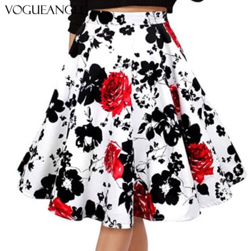 New Arrival Plus Size 50s Vintage Skirts Womens Flower Print Big Swing Pin Up High Waist Midi Skirt Pleated Tutu Saia Feminina