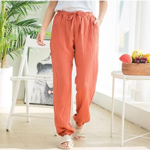 New Cotton Womens Pajama Pants Spring Summer Ladies Cotton Crepe Trousers Thin Home Trousers Multicolor Plus Size Sleep Bottoms