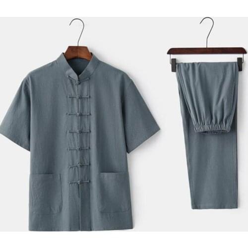 Summer New Men Shirt&Pant Chinese Mandarin Collar Tai Chi Tang Suit Traditional Single Breasted Kung Fu Set Plus Size