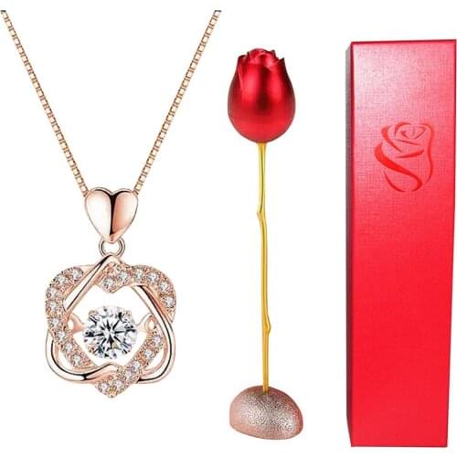 Rose Holder Eternal Love Necklace Set Romantic Rhombus Zircon Pendant With Immortal Valentines' Day Gifts
