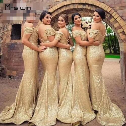 Mrs win Bridesmaid Dress Gold Sequins Shining Wedding Guest Dress Mermaid Long Boat Neck Off Shoulder Vestido Madrinha HR112