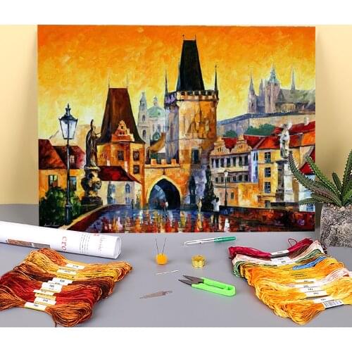 Prague - Old City Printed Water-Soluble Canvas 11CT Cross Stitch Patterns DIY Embroidery DMC Threads Handicraft Stamped