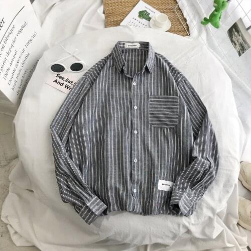 Spring Autumn Men Striped Shirts Turn Down Collar Casual Shirts Long Sleeve Blouse Loose Harajuku Oversized Male Streetwear Tops